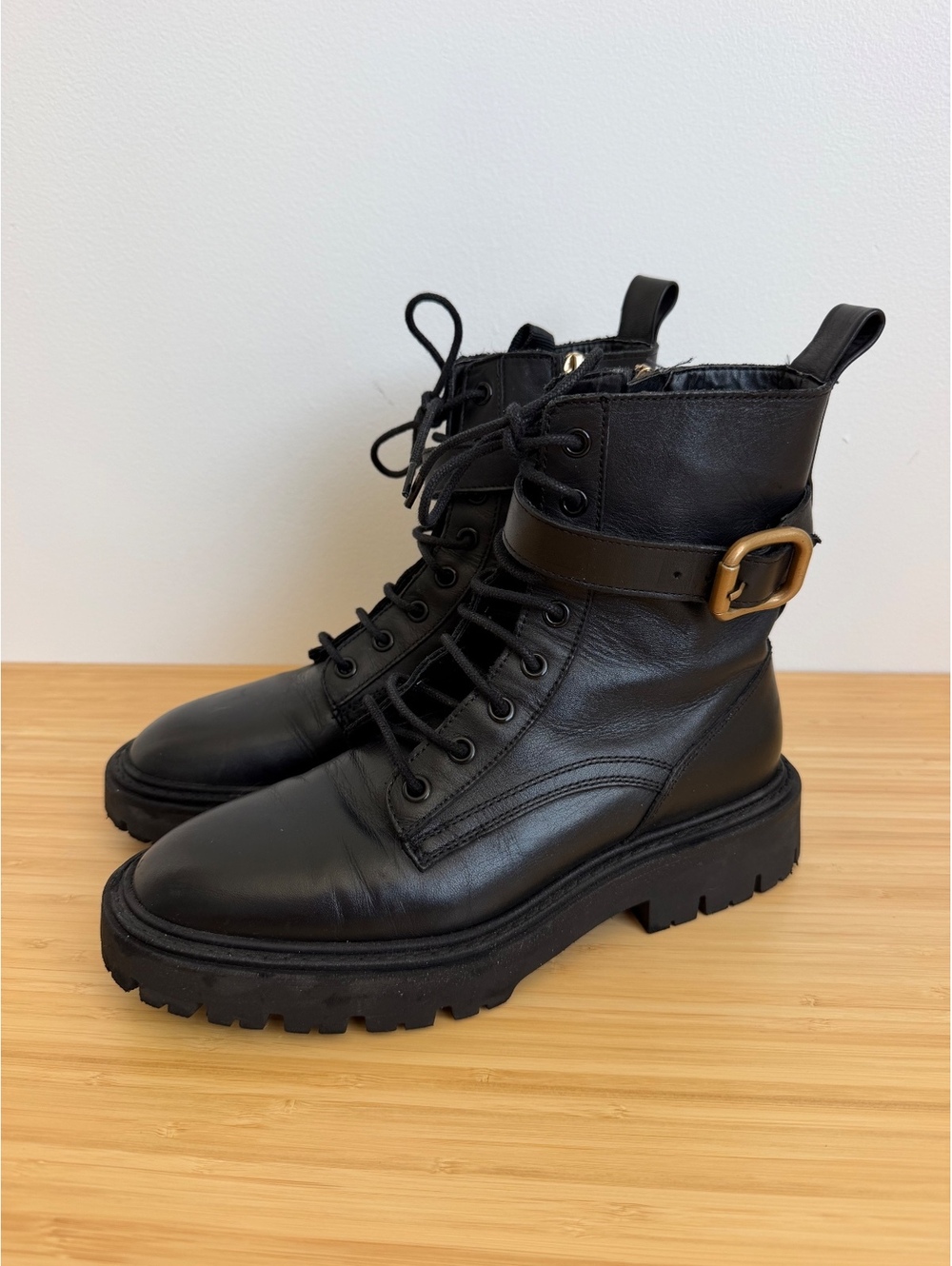 Zara Black Genuine Leather Combat Boots Women's Size 6.5 Gold Buckle